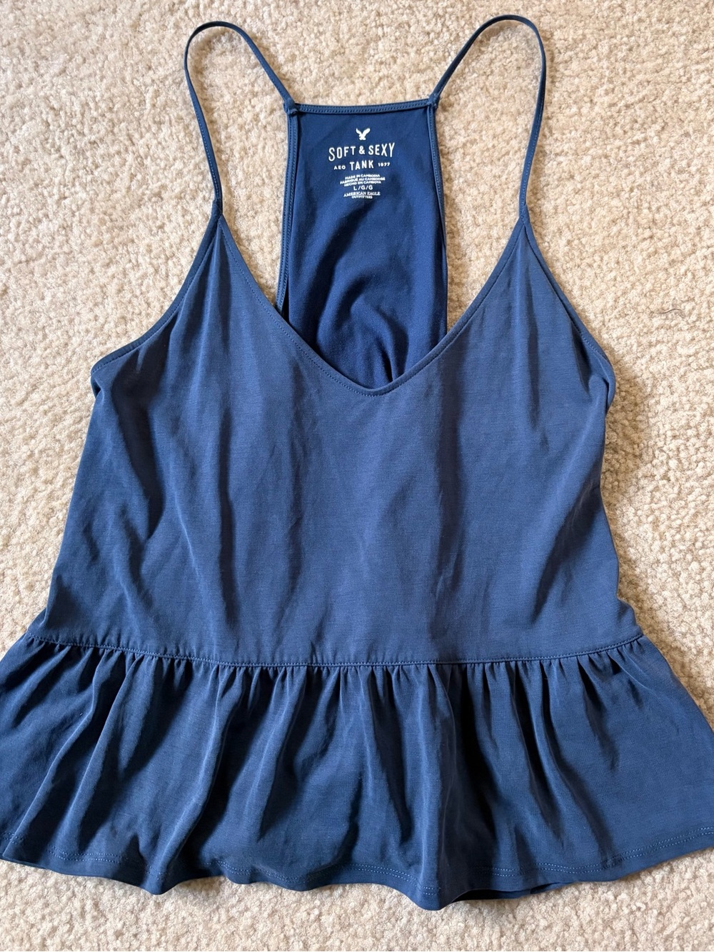 American Eagle Blue Soft & Sexy Peplum Tank Top | Women | L